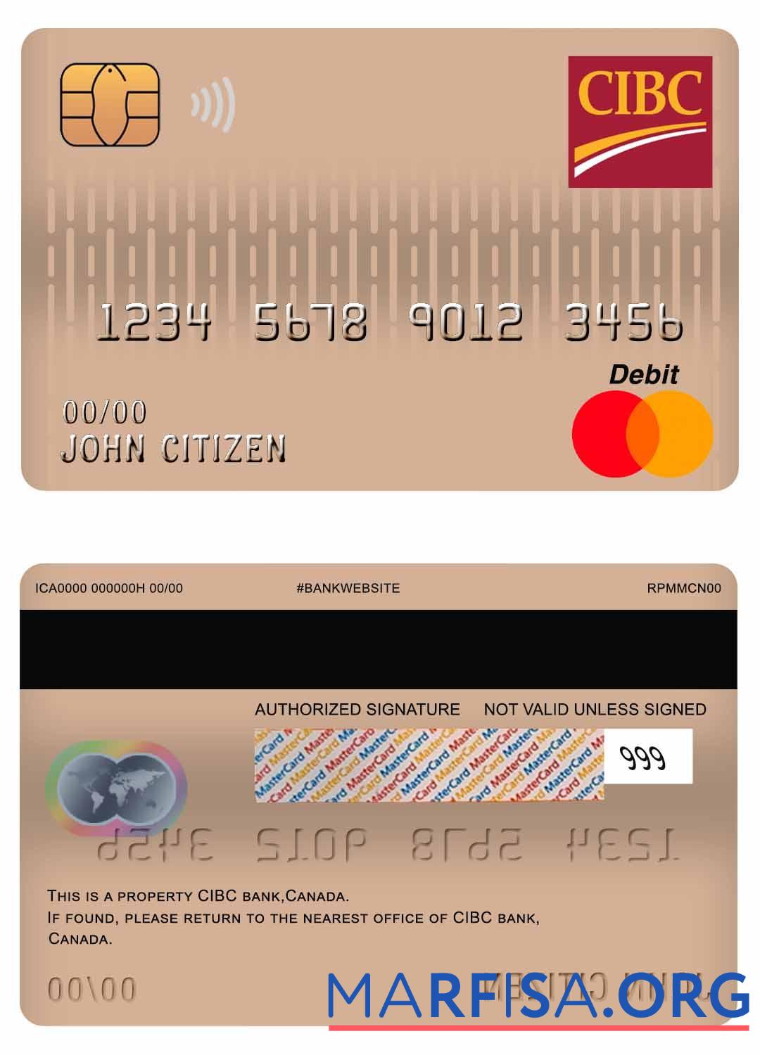 Blank Canada CIBC Bank mastercard debit card sample